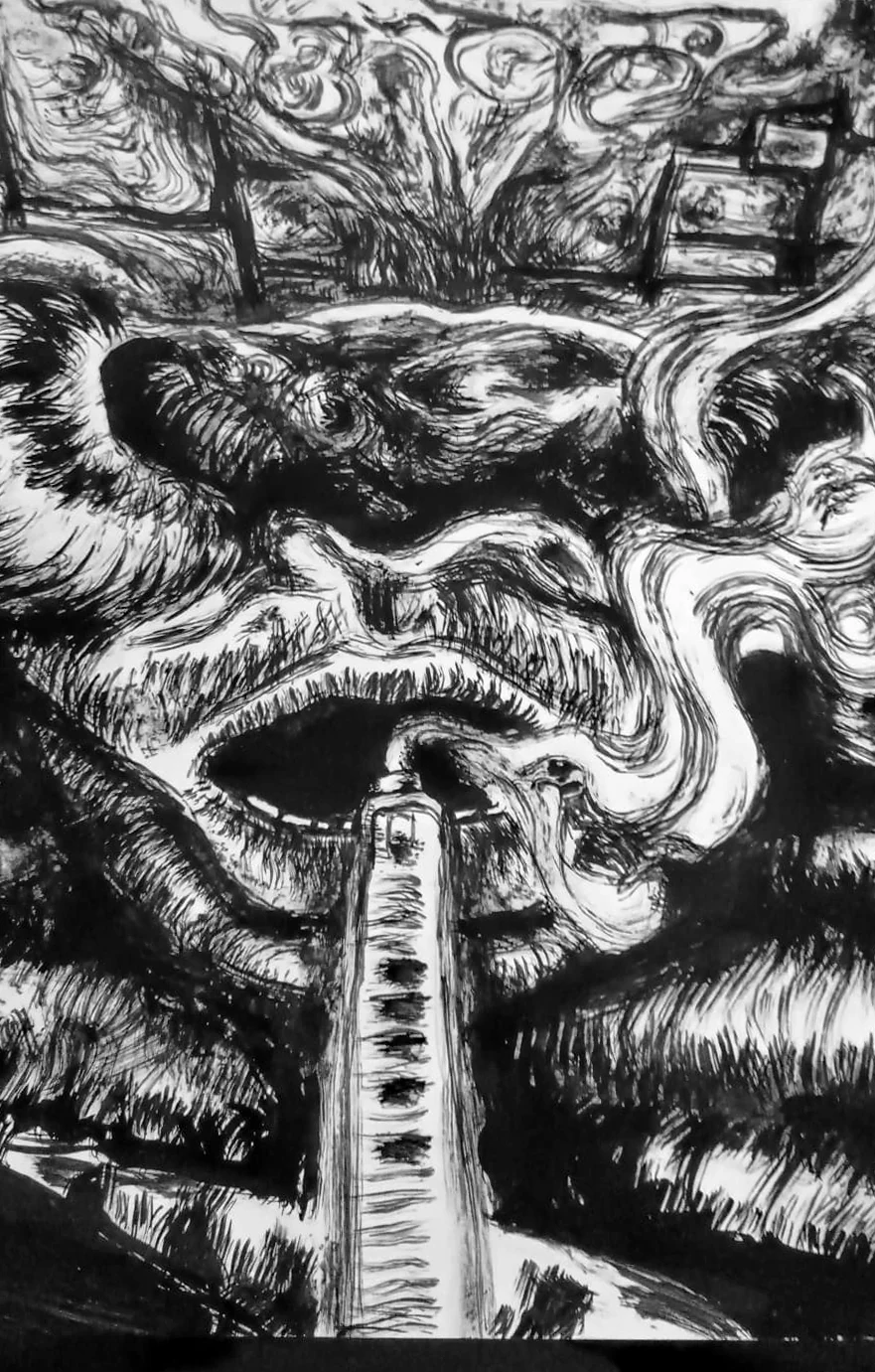 Detaillierte surrealistische Schwarz-Weiß-Zeichnung mit verschlungenen Formen