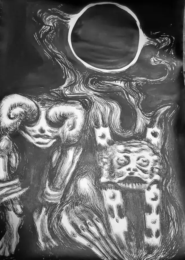 Schwarz-Weiß-Zeichnung mit organisch-surrealen Figuren